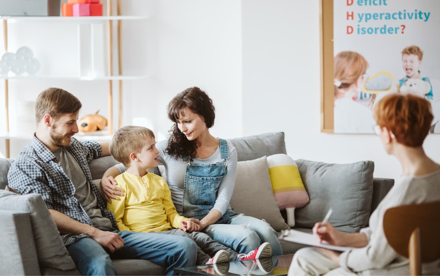 Family with child meeting with a clinician — ADHD and autism spectrum assessments at Minnesota Mental Health Clinics